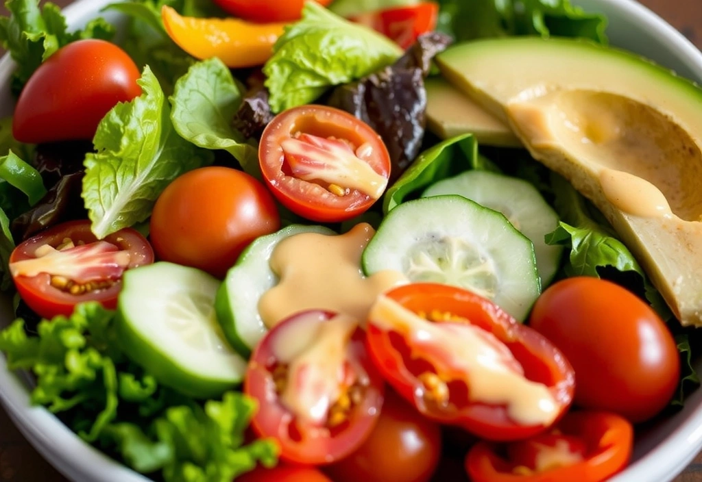 A colorful salad bowl with fresh vegetables and a light dressing, symbolizing healthy eating.