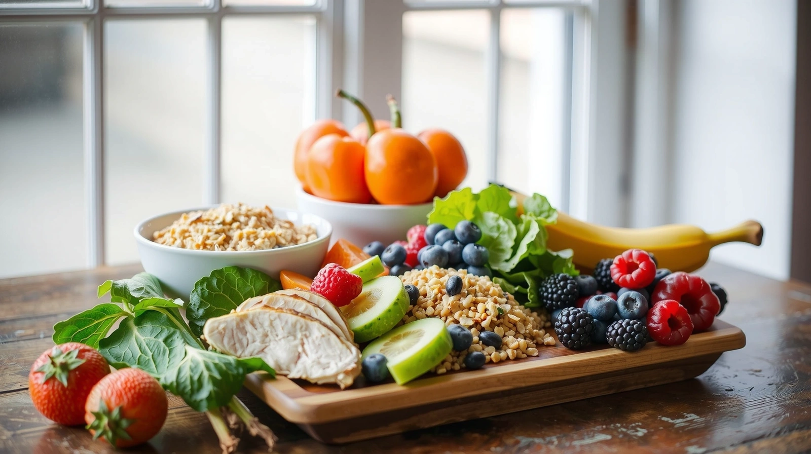 Vibrant, healthy meal spread on a wooden table with soft natural lighting, no text.