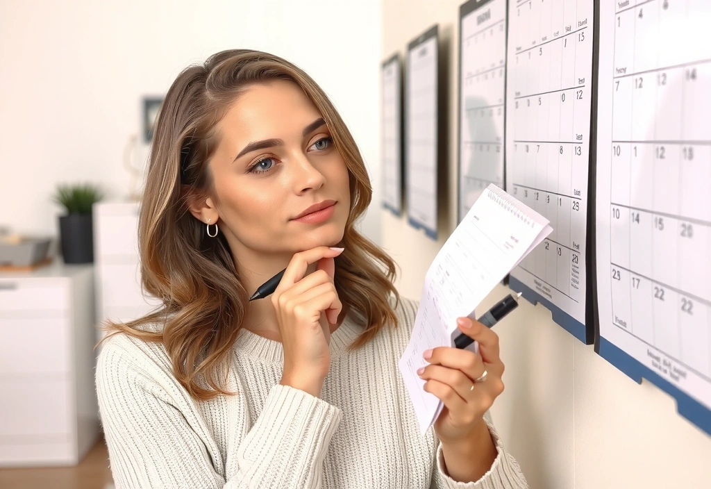 Frau überlegt vor einem Kalender, um einen Termin zu finden